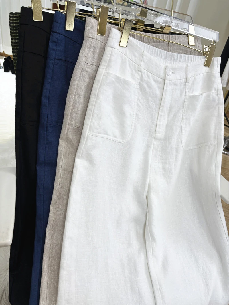 夏季新品垂感高腰纯亚麻直筒裤女透气吸汗百搭时尚显瘦长裤60072