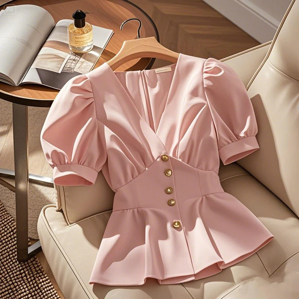 2025年夏季新款法式超好看独特漂亮上衣粉色高级感轻奢收腰衬衫女