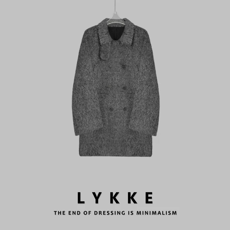 LYKKE 25新款双面羊毛高级气质设计感双排扣可立领大衣-E537