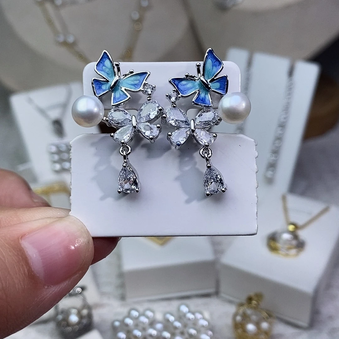 银S925镶嵌耳饰淡水珍珠