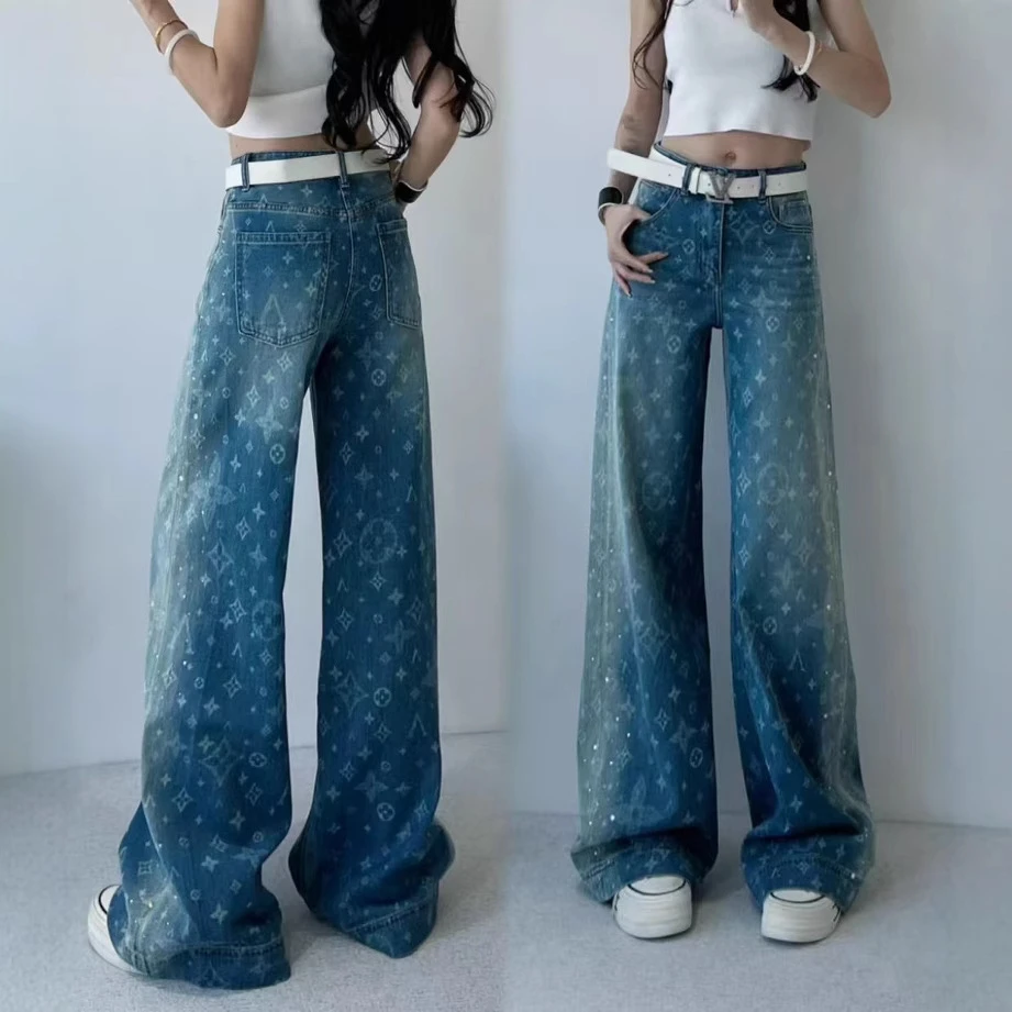 深圳南油/2025春夏新薄款高腰提花复古牛仔裤长裤时尚宽松阔腿女