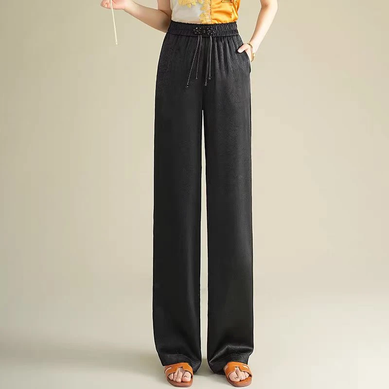 宽松缎面醋酸阔腿裤女夏季薄款裤子2025新款高腰显瘦休闲直筒裤