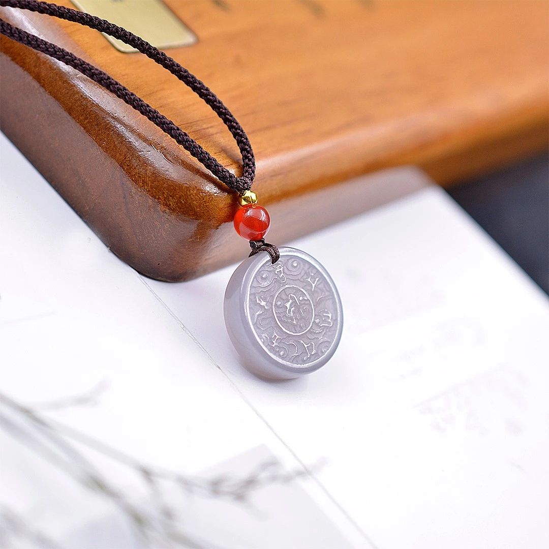 和田玉烟紫双面六字真言圆牌平安扣吊坠项链男女款玉佩玉石项链