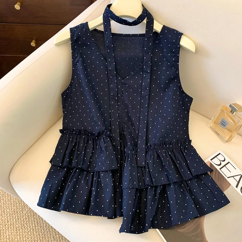 藏青色荷叶边v领波点衬衫女夏款挂脖飘带娃娃衫韩系无袖裙摆上衣