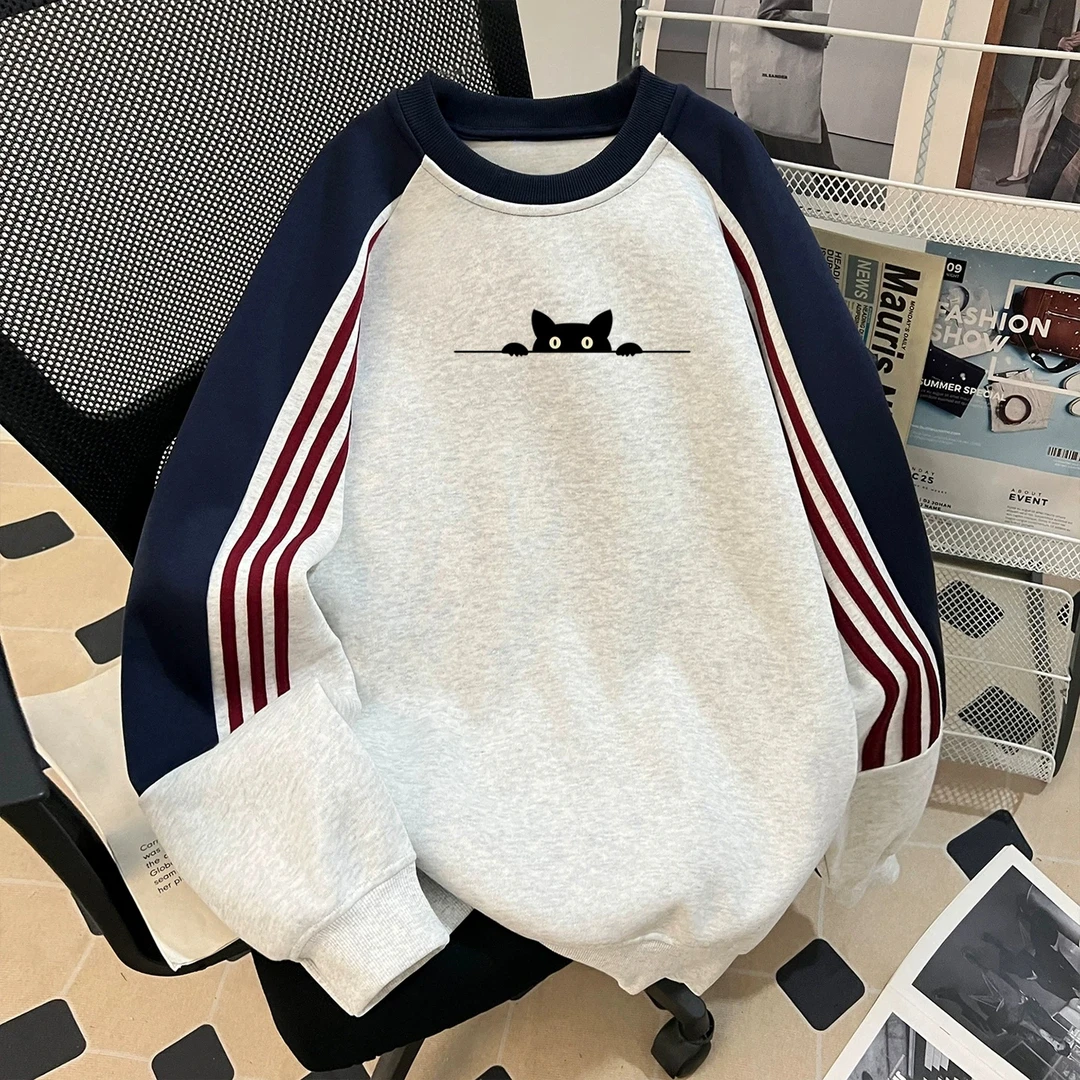 奥特莱斯~重磅美式撞色三条杠长袖百搭休闲宽松圆领加绒卫衣男女