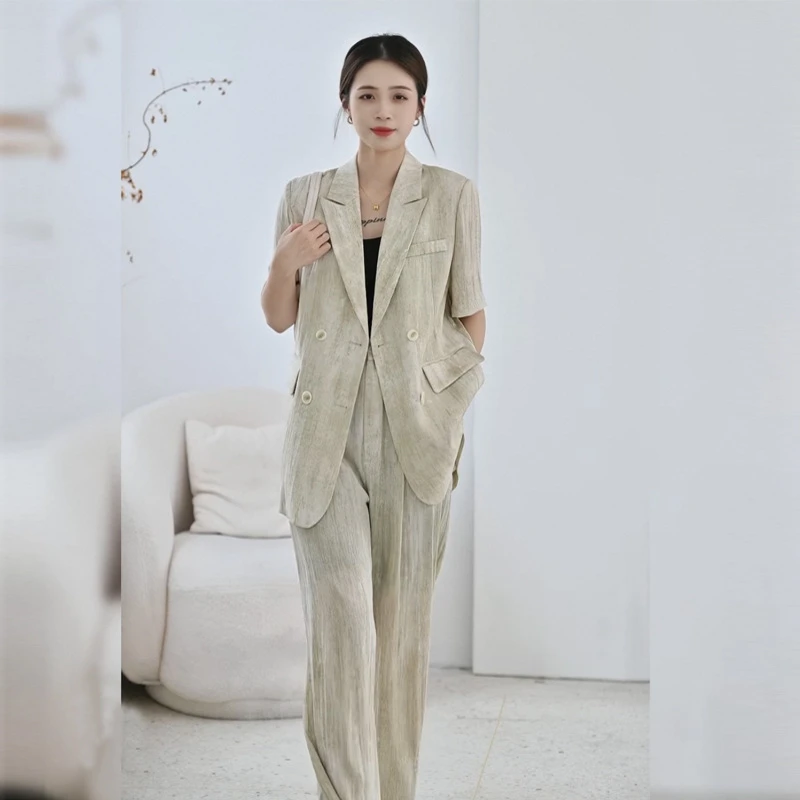 胖mm扎染时尚显瘦西装套装女2025夏大码洋气休闲西装阔腿裤两件套