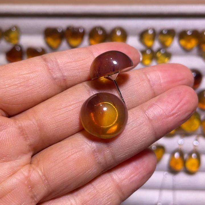 琥珀耳饰银S925镶嵌天然缅甸琥珀棕红珀耳钉