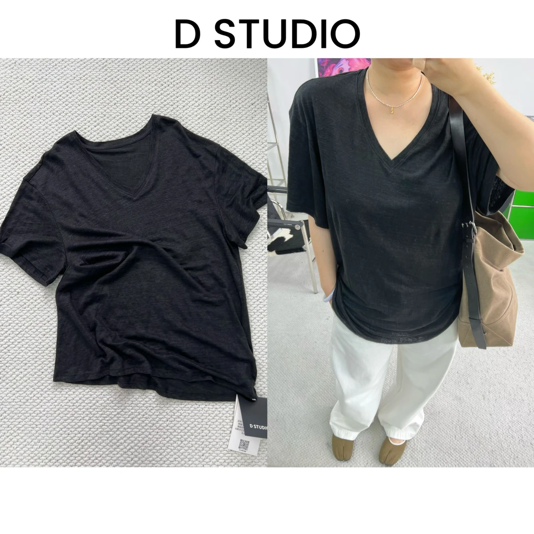 D STUDIO黑色亚麻V领T恤 D2365