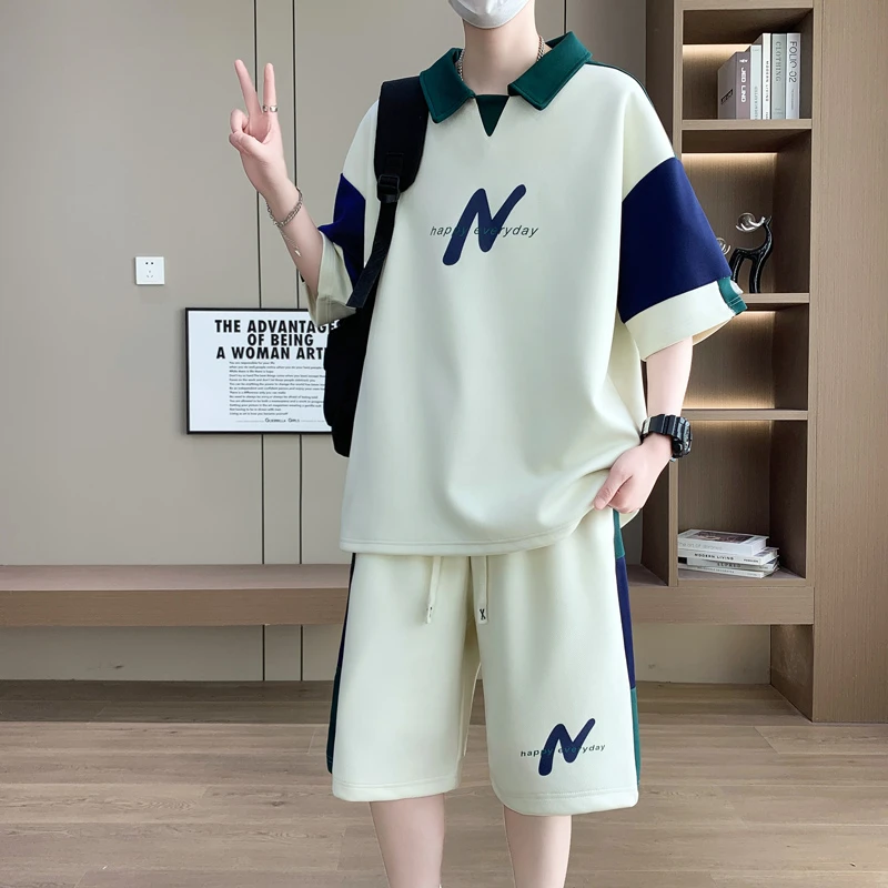 青少年运动套装男士POLO衫夏季时尚潮流宽松休闲款拼接帅气两件套