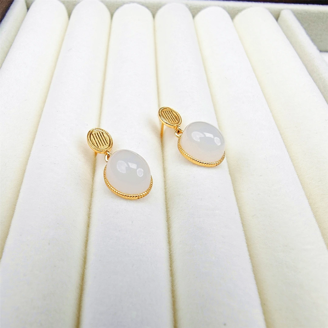 S925银和田玉蛋面耳饰耳钉精美百搭耳环耳坠