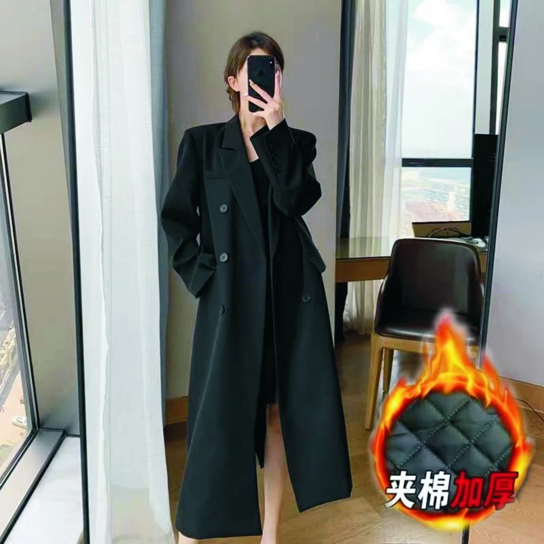 好面料秋冬加棉加厚新款长款西装长款风衣英伦风宽松西服上衣外套