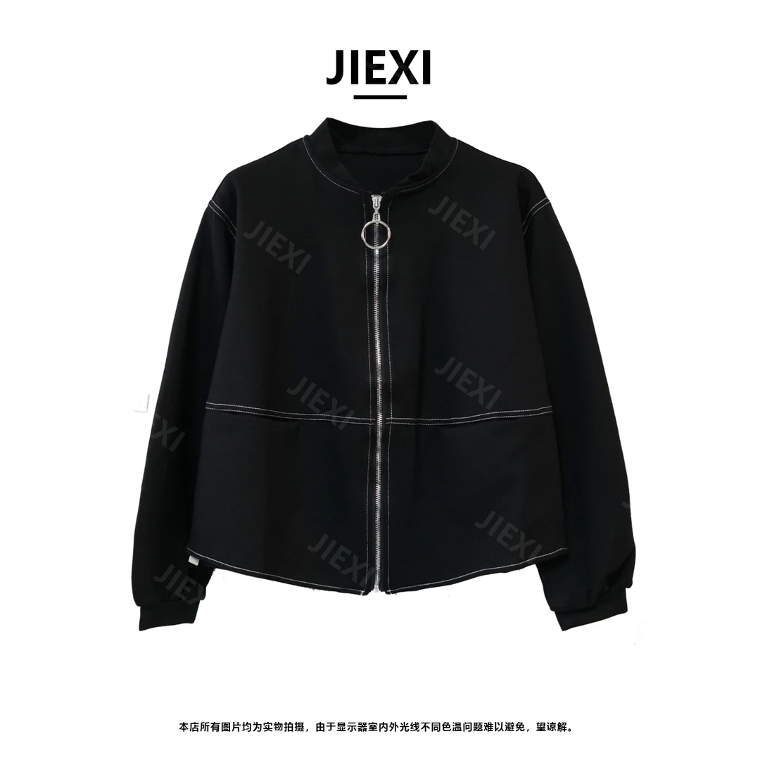 JIEXI设计师休闲百搭圆领短外套明线大码机车短款夹克女jx195