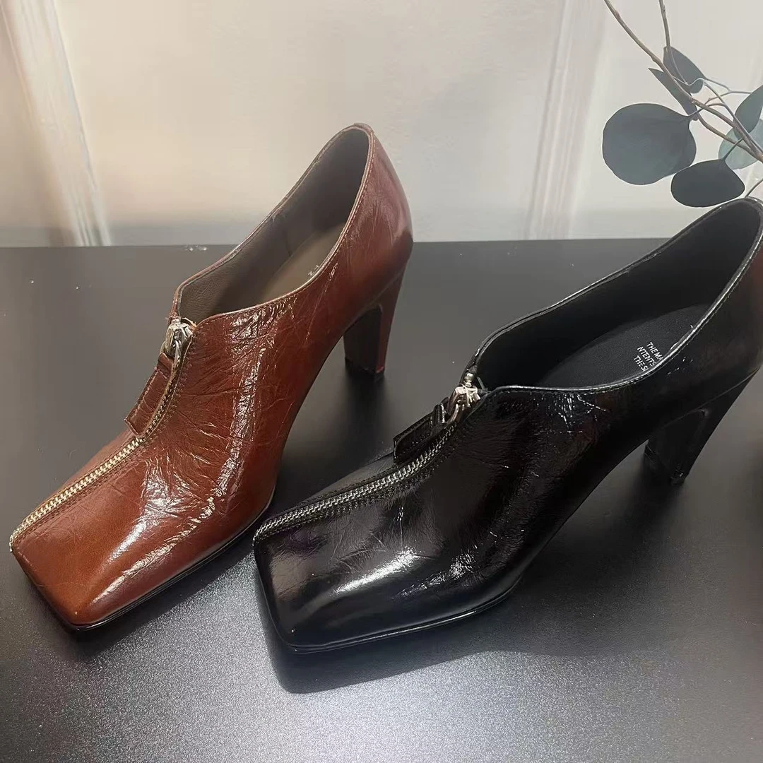 【Harvisss】2025秋冬新款方头牛皮前拉链真皮软面女士单鞋-6cm