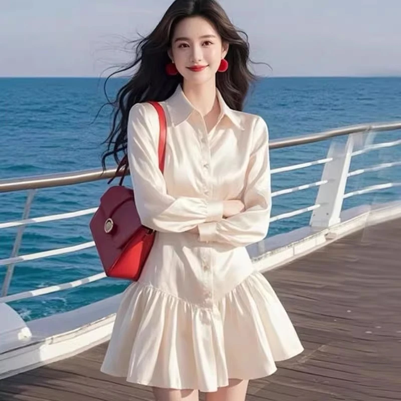 【商场同款】新款女装2025夏款气质千金风翻领长袖鱼尾设计感连衣裙