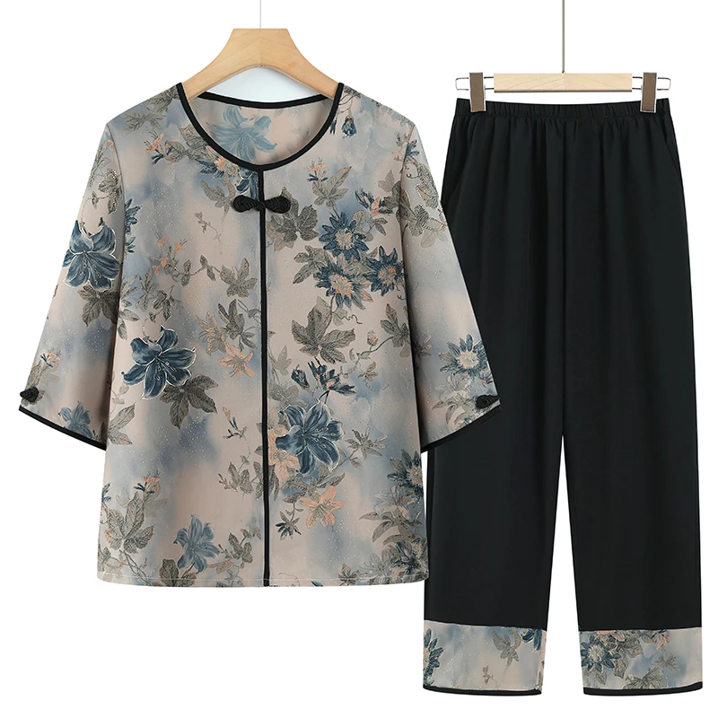 中老年女装夏季新款套装气质妈妈装休闲老年人衣服奶奶装两件套薄