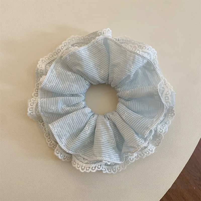 浅蓝色条纹双层蕾丝大肠发圈女清新扎头发丸子头发绳侧低马尾头绳