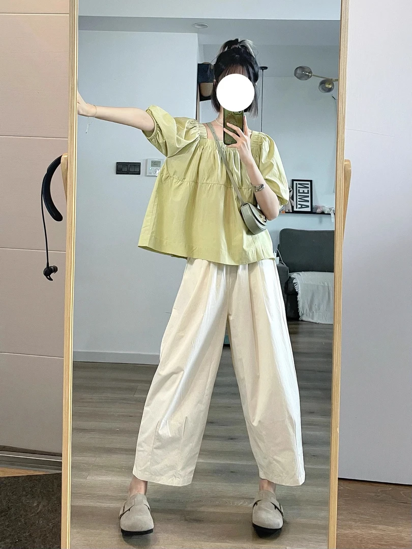 网红2025炸街套装女夏新款方领泡泡袖衬衫搭配高腰直筒长裤一整套