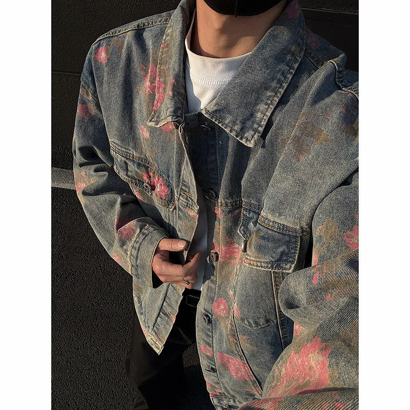 美式高街满印玫瑰花牛仔外套男女款春季cleanfit潮流痞帅工装夹克