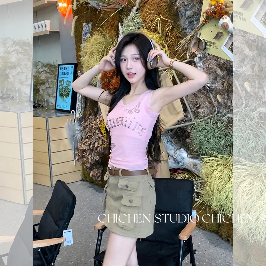 CHICHEN 《千禧辣妹》双层网纱烫钻蝴蝶字母背心