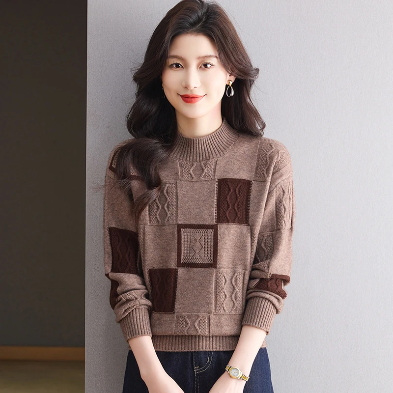 羊毛衫冬季新款半高领针织衫女气质妈妈洋气百搭宽松显瘦打底衫厚