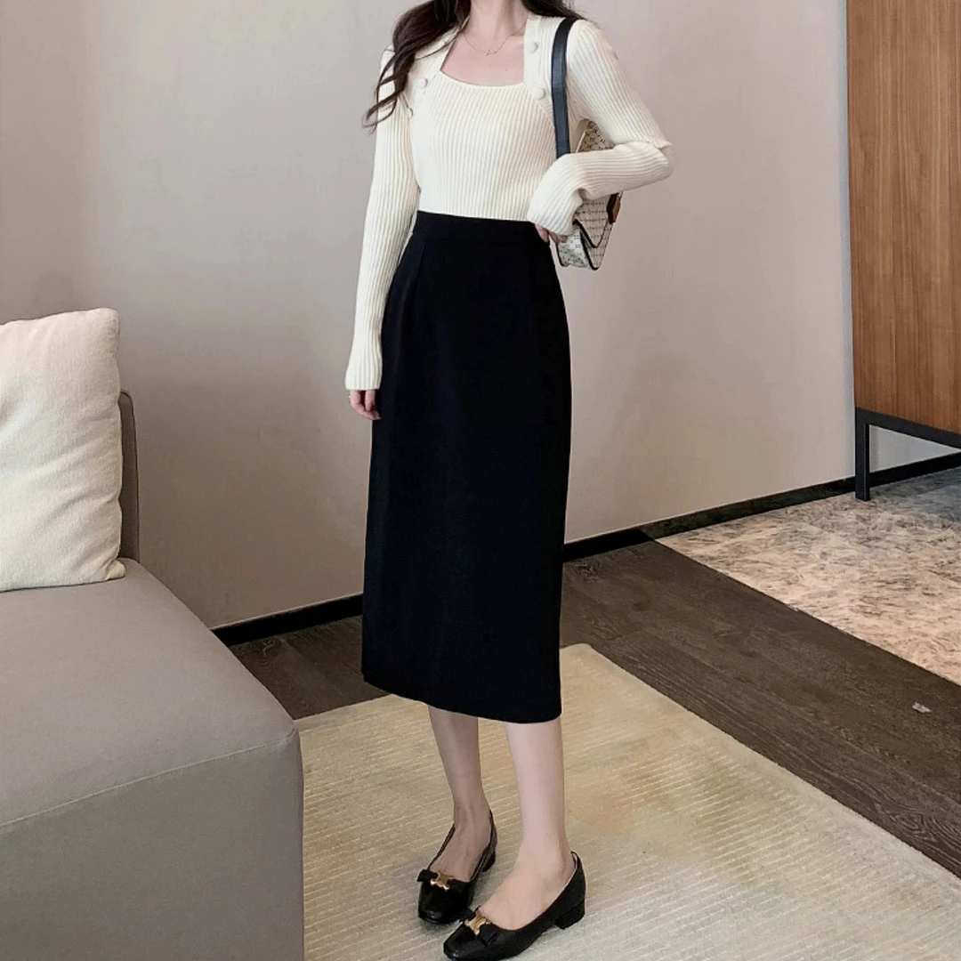 奶酪~墨水高级金丝绒半裙后开气高腰显瘦中长女款A字百搭黑色裙子