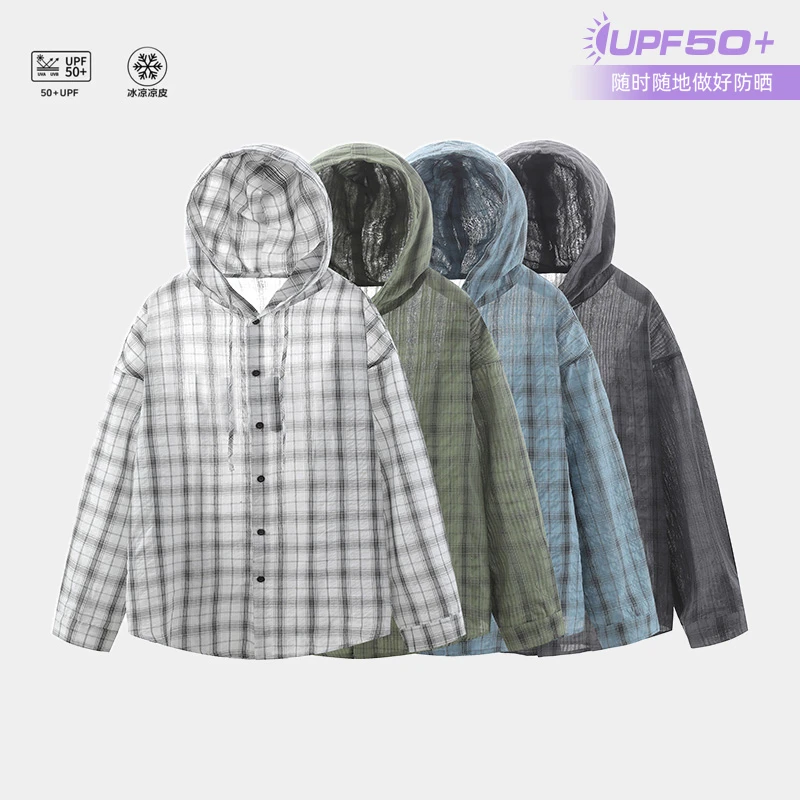 夏季连帽男格子防晒长袖衬衫薄款日系外套冰凉春季透气户外休闲
