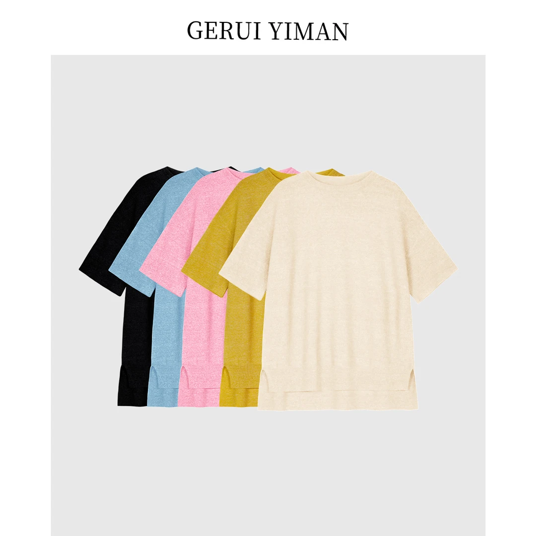 格瑞依曼2025年夏季新款羊毛亚麻纯色针织短袖上衣百搭宽松女衣