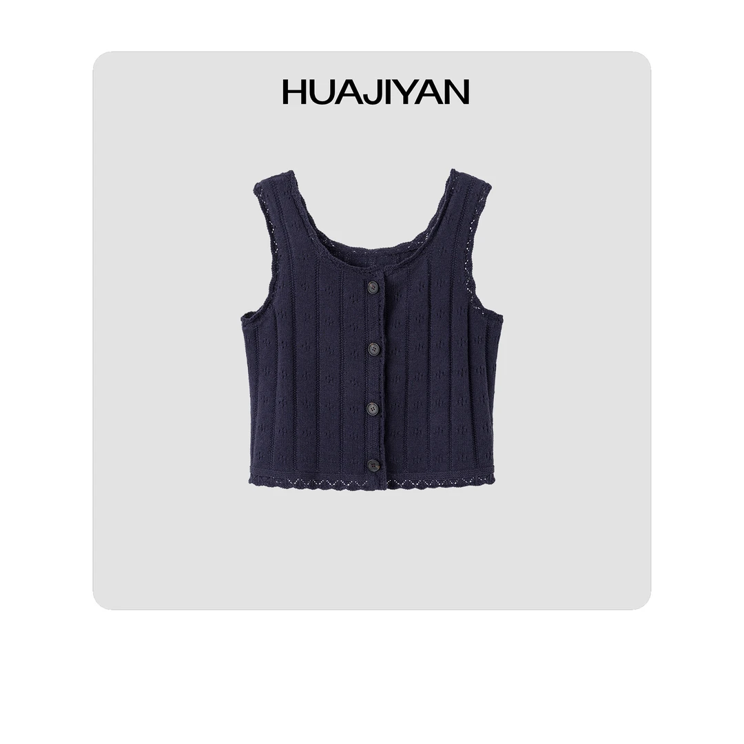 华吉言/HUAJIYAN【伊甸园】特殊定制纱线针织浪边直筒方领背心马甲