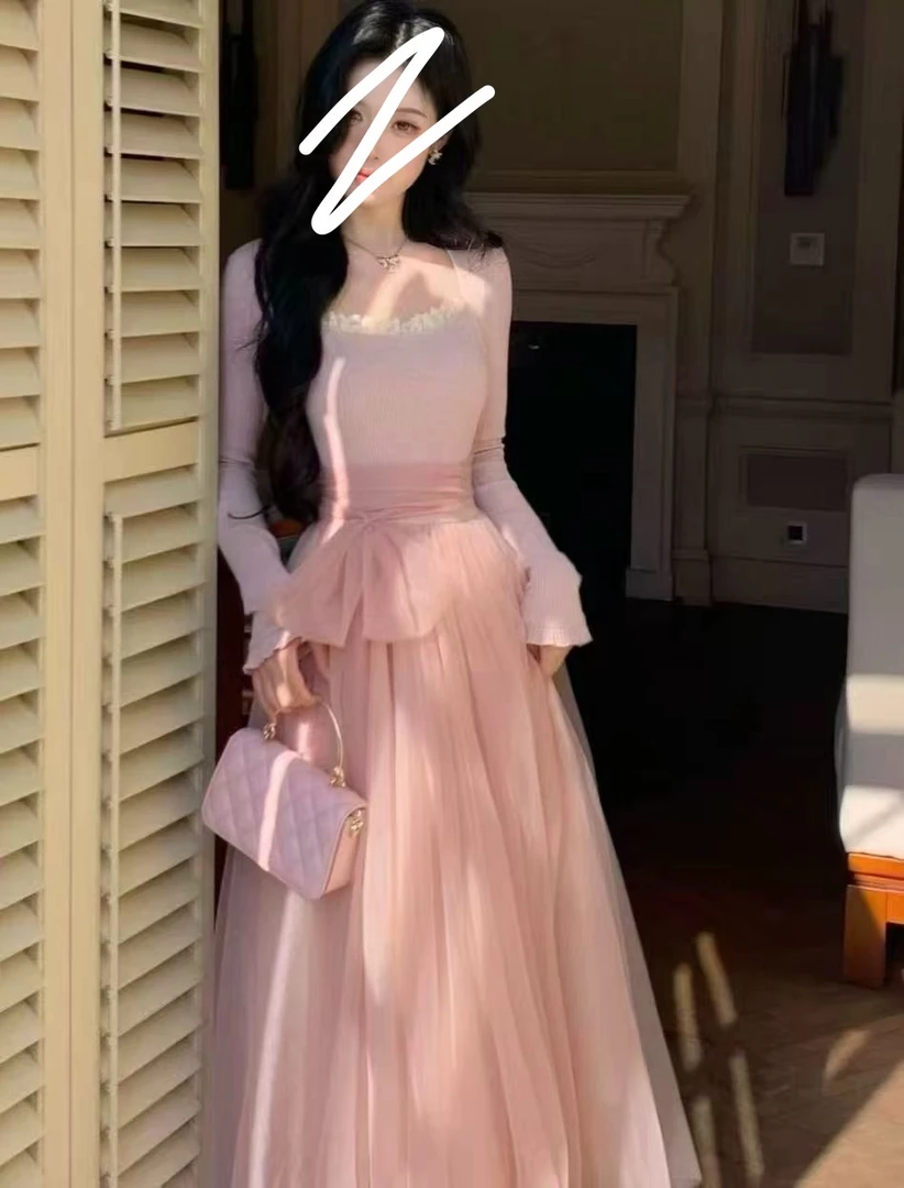 法式甜美系带蝴蝶结设计绝美大码别致轻奢收腰显瘦温柔长裙6613