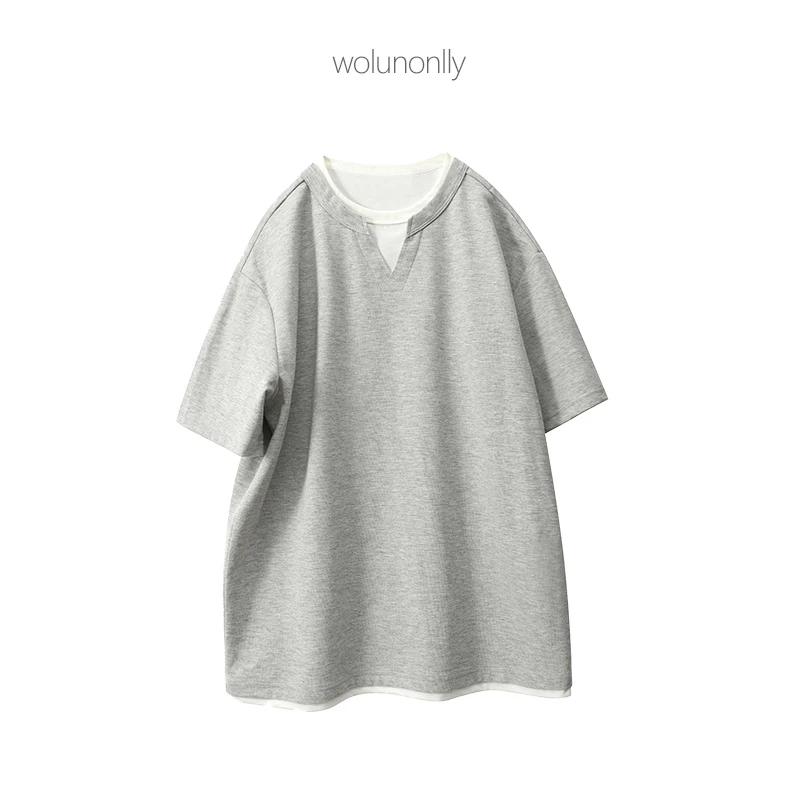 夏季轻奢韩系老钱高密双层V领假俩件轻量化质感短袖t恤男打底外穿