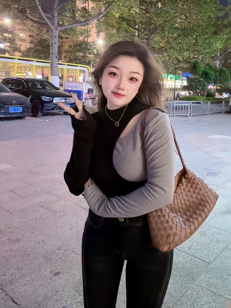 大顾家【灰撞黑】磨毛假两件洋气设计款打底上衣