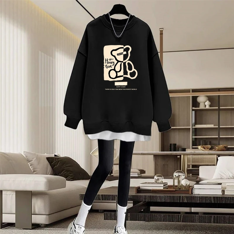 假两件圆领卫衣女2025秋冬新款宽松中长款遮屁股加绒加厚拼接上衣