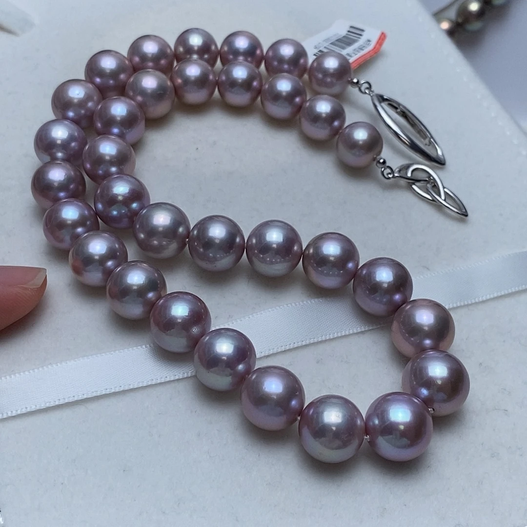 淡水珍珠银S925镶嵌颈饰11-13正圆铂金灰紫