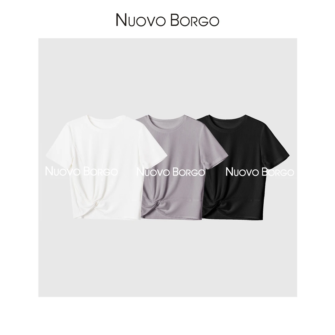Nuovo Borgo 气质优雅显瘦扭结交叉短袖醋酸凉感圆领T恤J140/0107