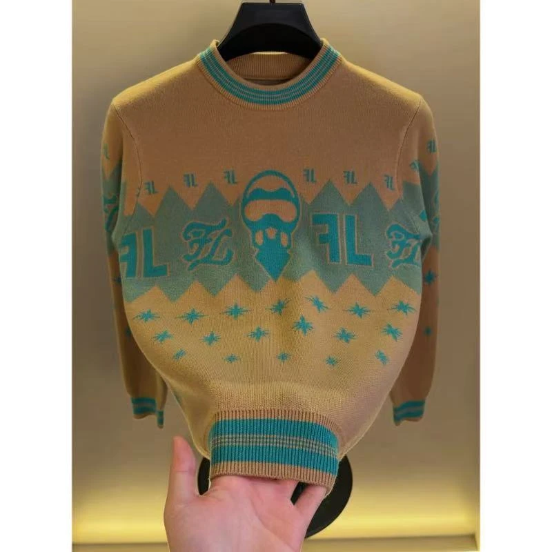 高档圆领拼色提花毛衣男士秋冬款时尚百搭针织衫打底衫男装FL858