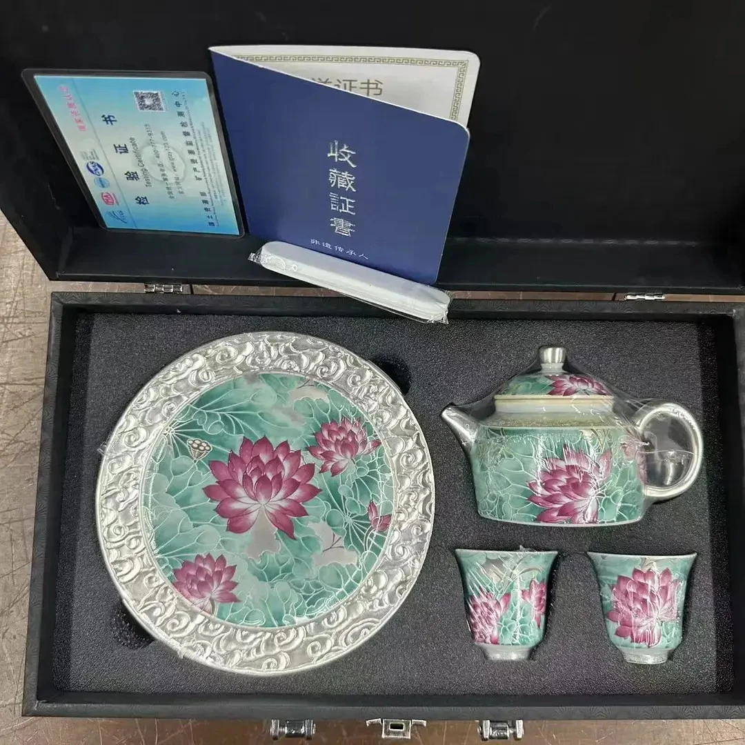 荷塘青趣鎏银茶具手工旅行茶具一壶两杯