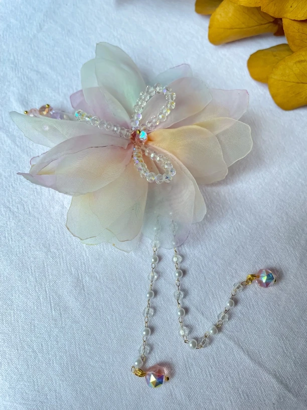 重工原创晕染粉水晶鸭嘴夹8公分一字夹可拆卸流苏超闪K9水晶鸭夹