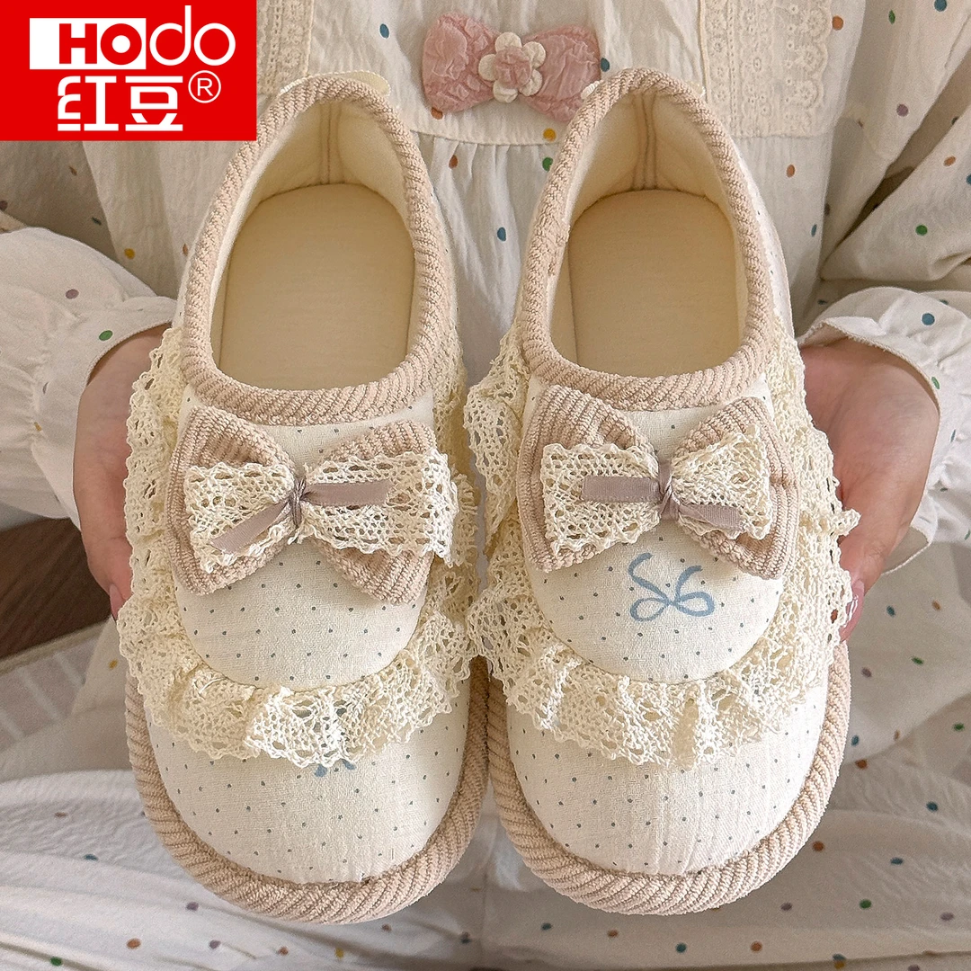 红豆蕾丝蝴蝶结月子鞋78月份夏季薄款孕产妇透气防滑棉拖鞋女春秋