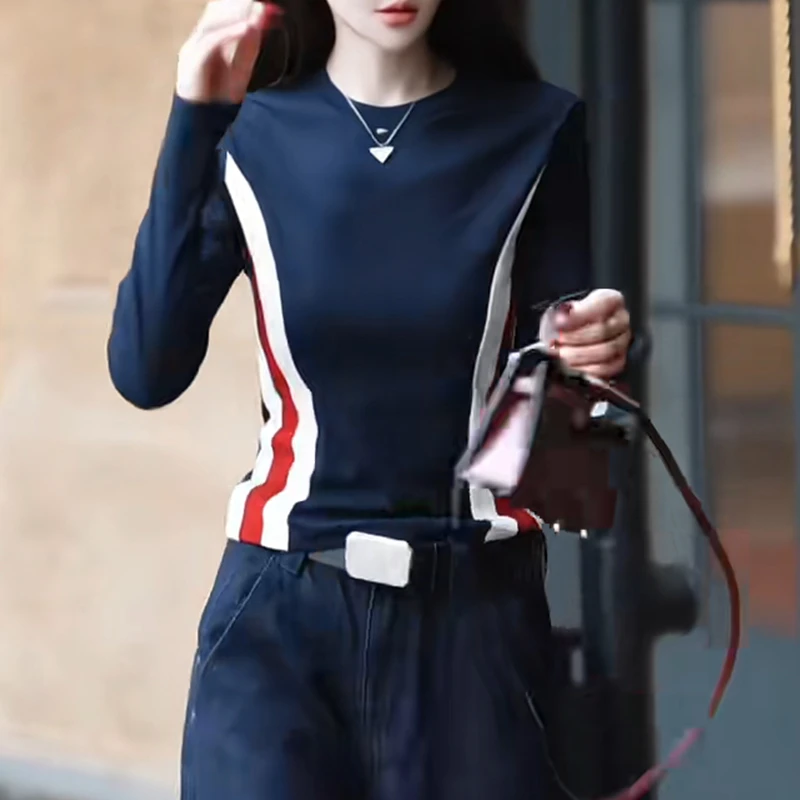 设计感拼接撞色正肩长袖t恤女2025春秋新款时尚百搭显瘦打底上衣