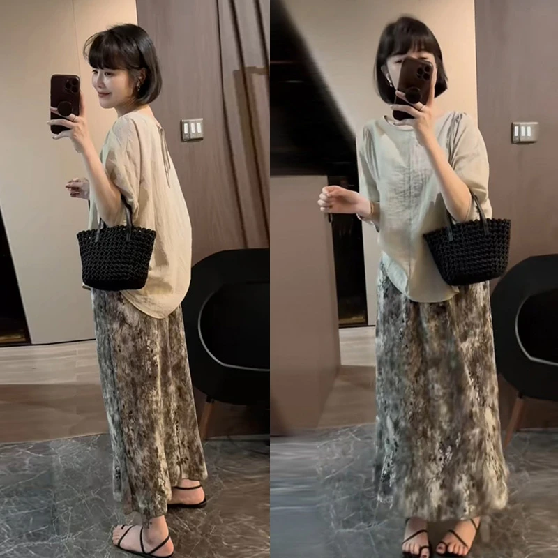 减龄印花上衣裤子两件套女2025夏季新款休闲潮流通勤漂亮韩系套装