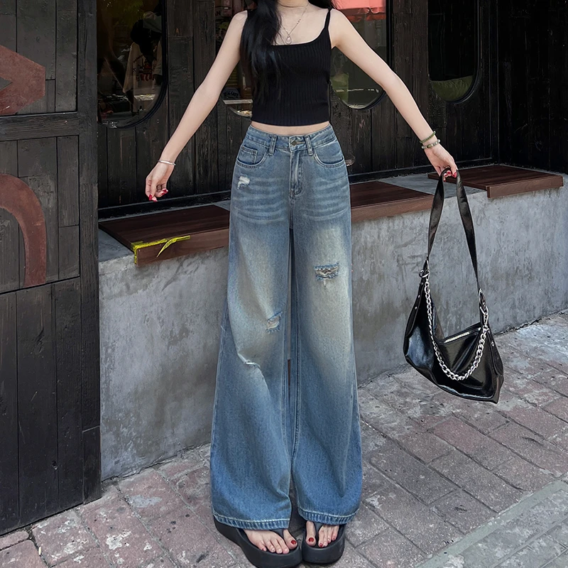小个子辣妹美式破洞直筒牛仔裤女薄款2025秋季高腰显瘦窄版阔腿裤