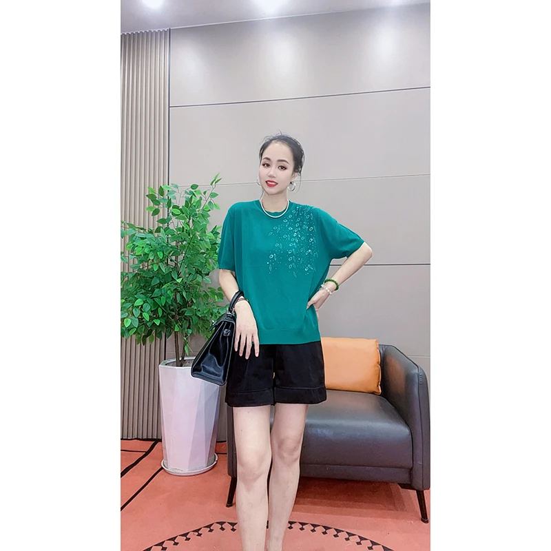 4098 夏季新款百搭T恤上衣柳叶亮片减龄圆领短袖