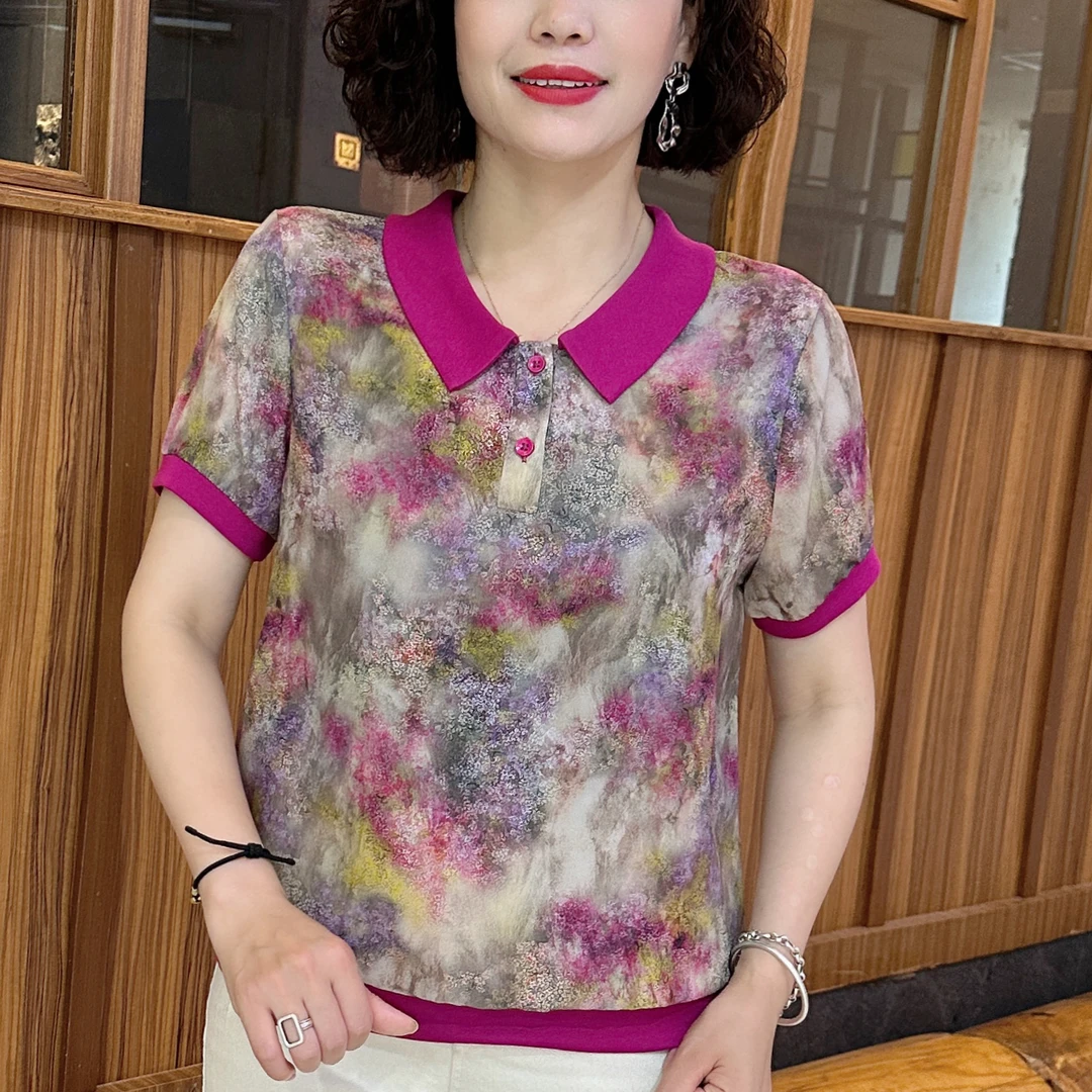 夏季新款时尚娃娃领印花洋气妈妈装框上显瘦休闲风薄款短袖 X2890