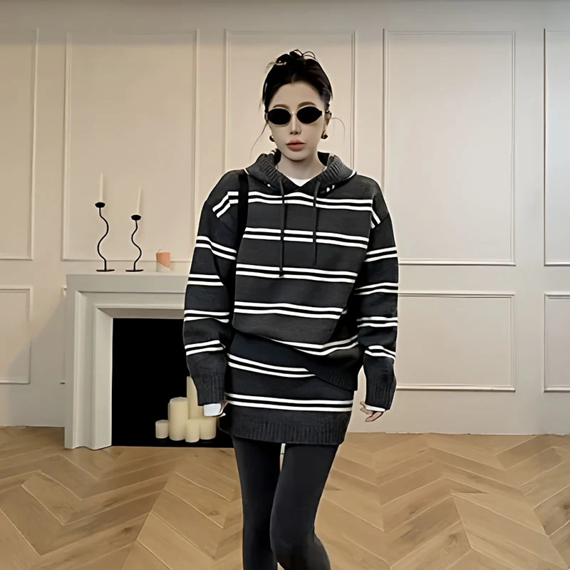 大码韩版条纹连帽毛衣短裙两件套装女秋冬胖mm2025超火穿搭一整套