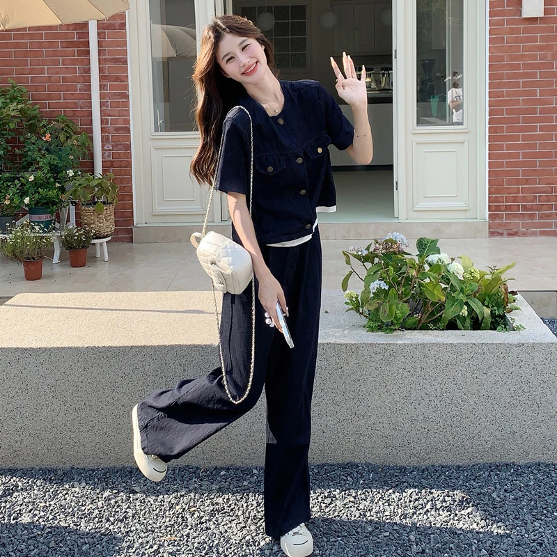 深蓝色夏季薄款牛仔套装女2025新款韩版干练气质直筒阔腿裤两件套