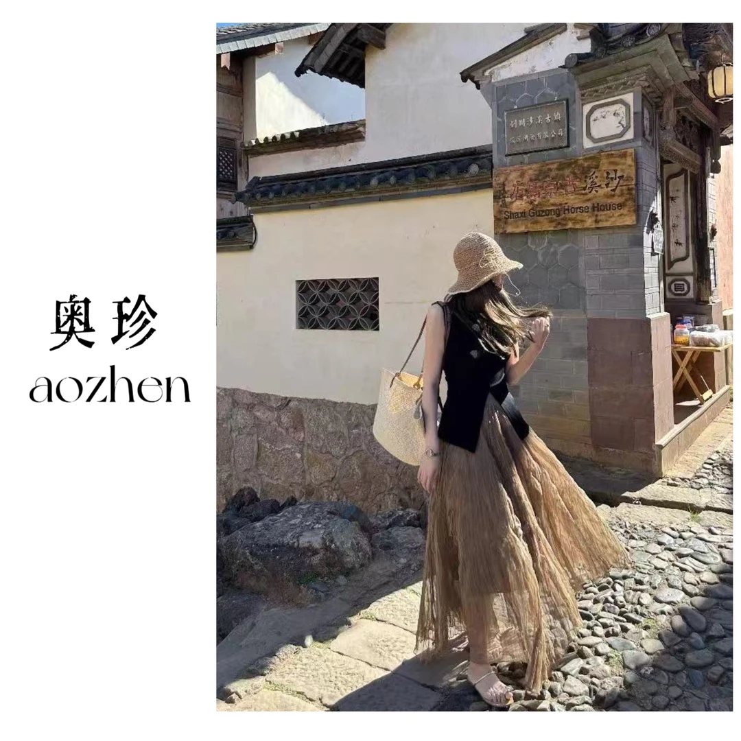 【大地色波浪裙】压褶网纱半身裙 氛围感纱裙高腰显瘦裙子