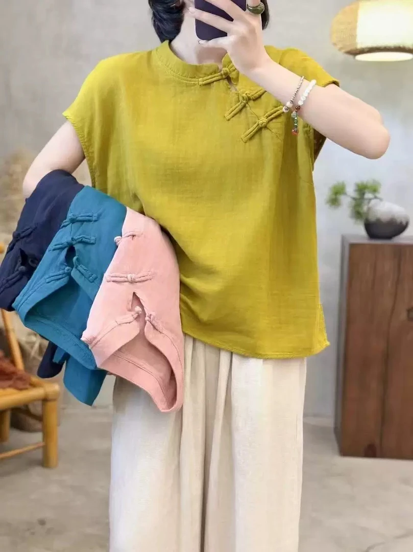 夏季新款新中式斜襟盘扣棉纱女款背心坎肩