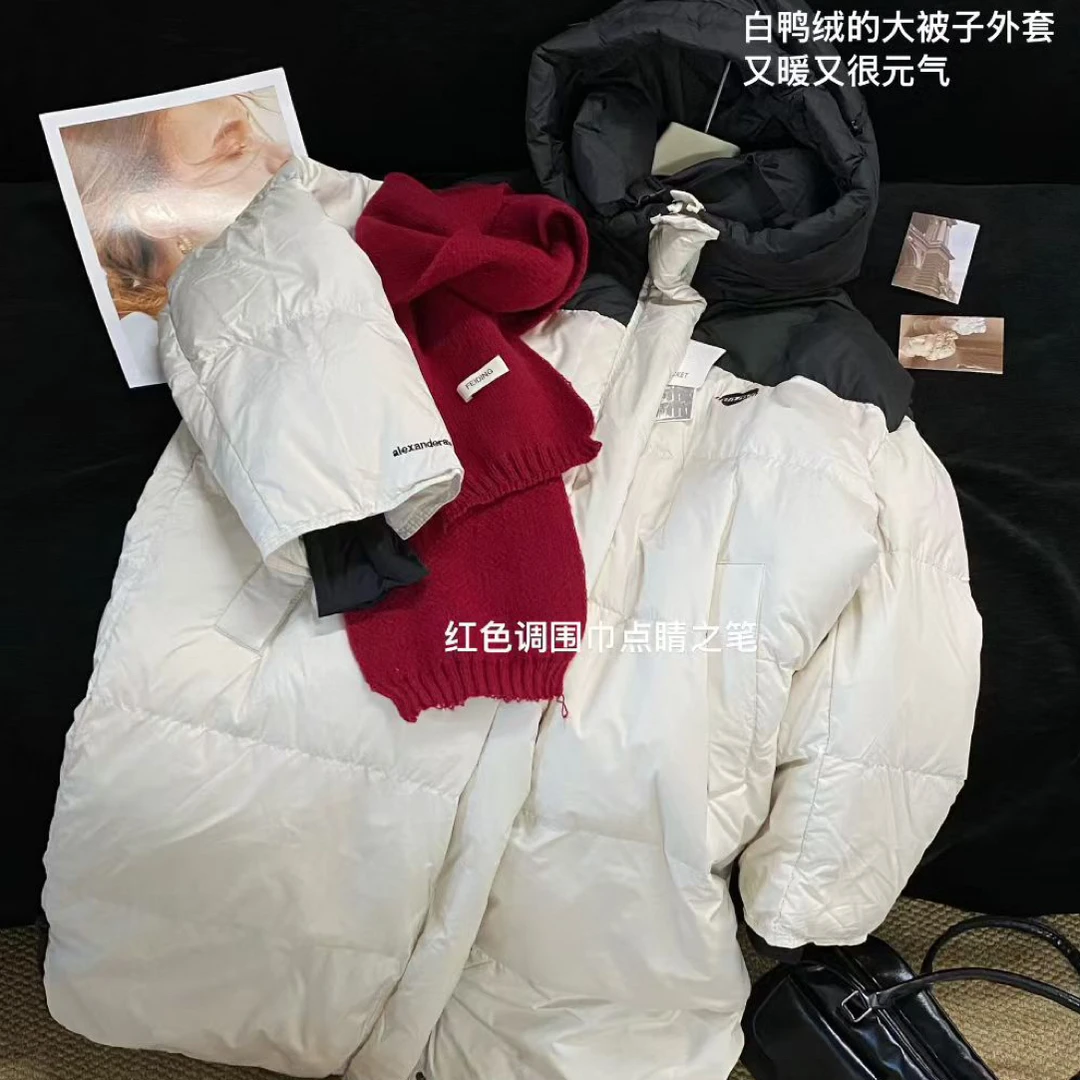 连帽白鸭绒保暖棉服女冬季新款韩版加厚休闲拼接外套棉衣