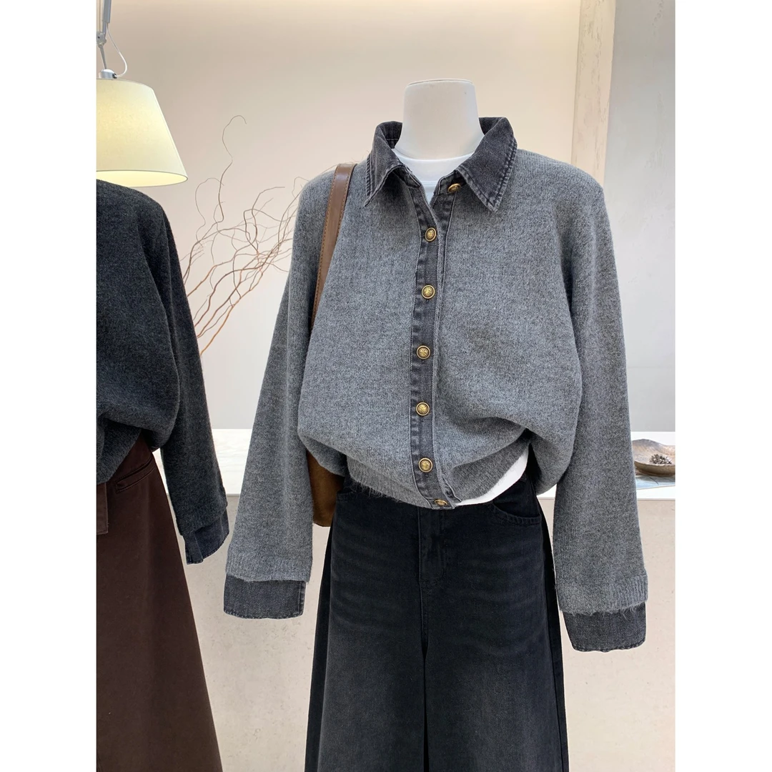 时尚假两件牛仔拼接Polo领毛衣女冬季新款针织衫保暖翻领上衣