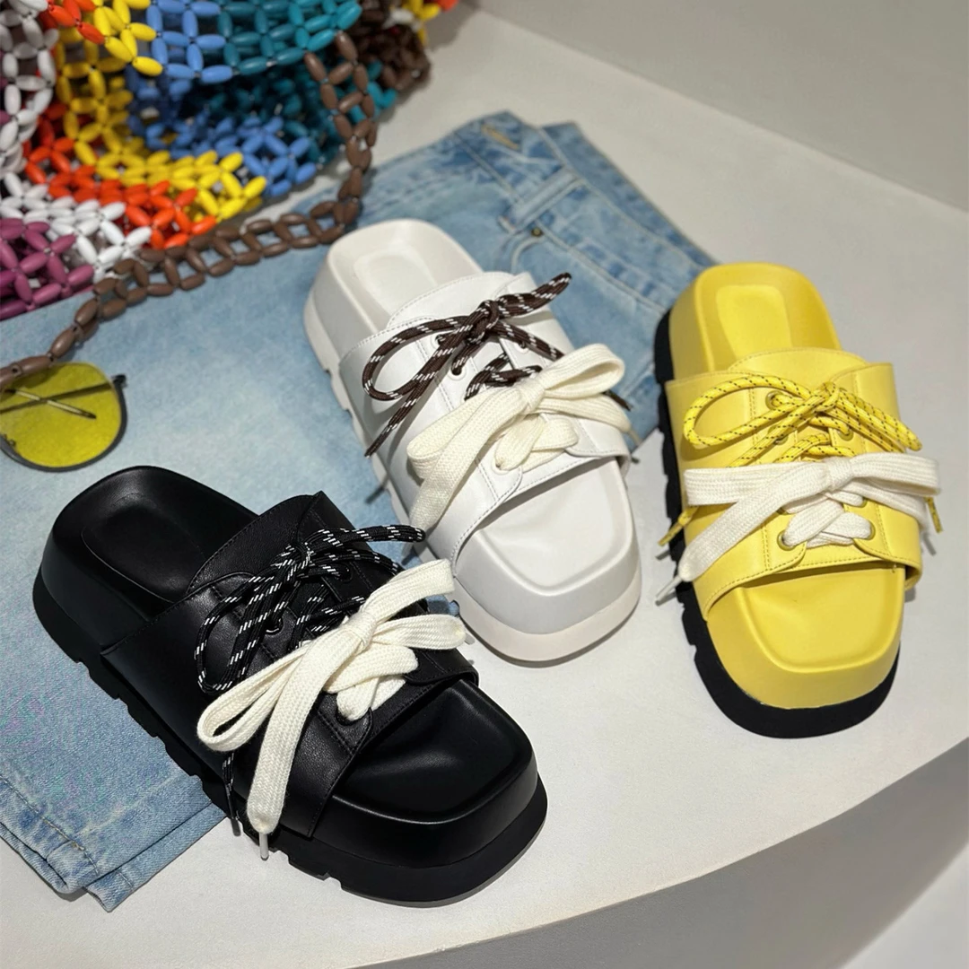 欧洲站2025新款真皮系带拖鞋女夏外穿厚底露趾一字拖欧货方头凉拖